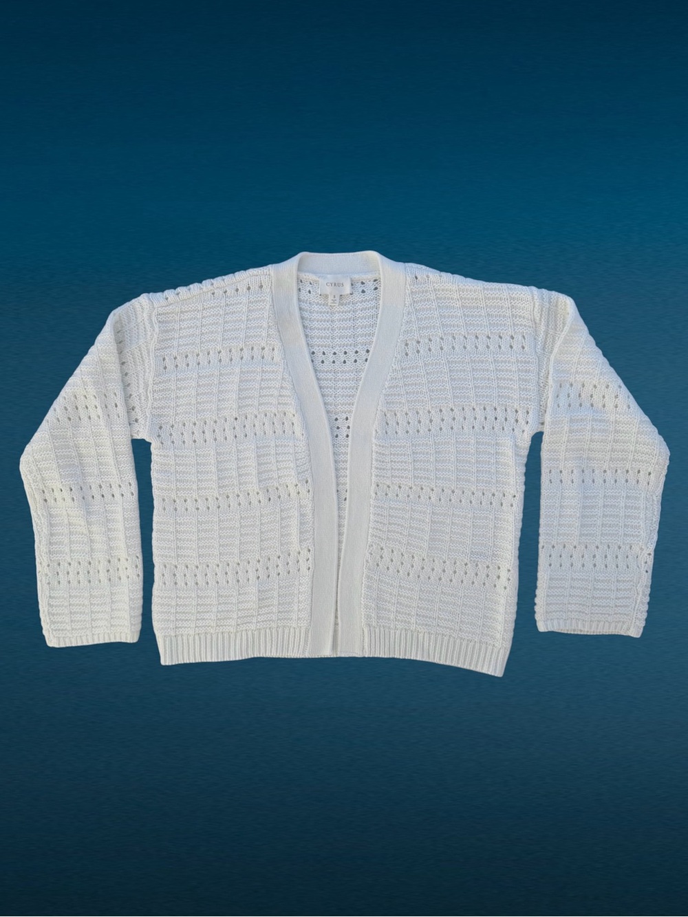 Cyrus Cream Geometric Open-Stitch Open-Front Cardigan Sweater ~ Women’s S